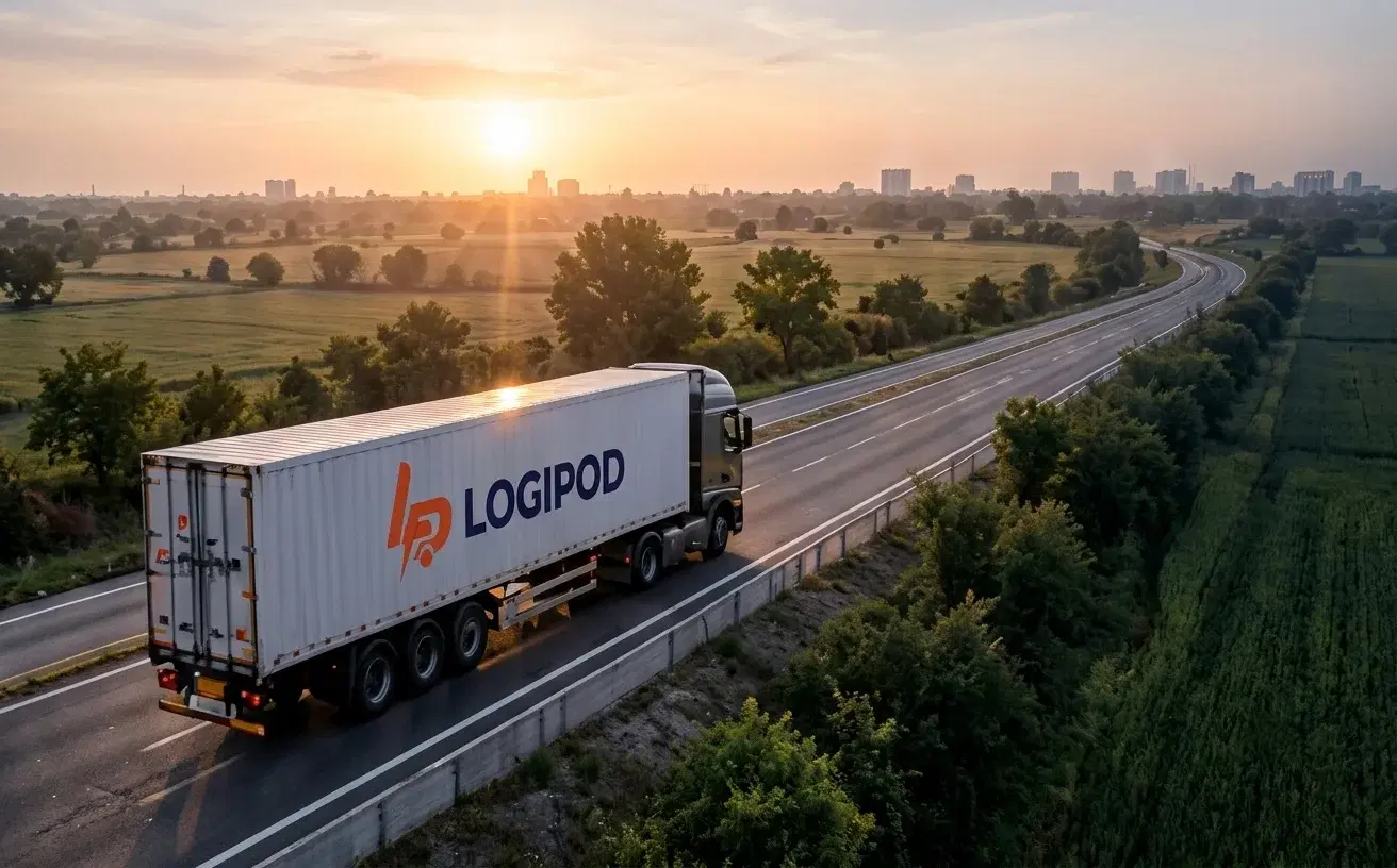 Logipod truck on the highway at sunrise